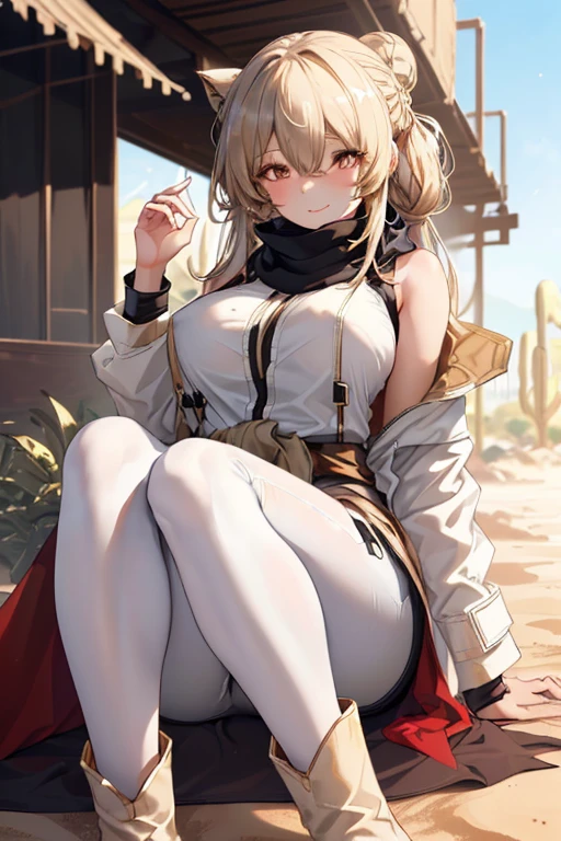 ((in a desert:1.5)), a matured woman with long hair and a white outfit, (resting in oasis:1.2), artwork in the style of guweiz, bodyesbian, fine details. girls frontline, beautiful anime illustration, from girls frontline, stunning, 21 years old, (solo:1.5), (sfw:1.25), beautiful breast, medium breasts, Amazing Cleavage, thin waist, big ass, Raised sexy, (dark mahogany medium long hair, updo, hair over one eye, asymmetric hair, Carly hair, low tied),(Headscarfs, hair bands, head vandage, Turban), (ultra high resolution, 8K RAW photo, photo realistics, weak outline:1.3, clear focus), best qualtiy, natural lighting, field depth, (Bright pupils, detailed beautiful eyes, high detailed face), Red lip, looking at viewers, (tight focus:1.2, from below), sexy posing, seductive weak smiling, center image, (wearing white long jacket and clothes, wearing short pants, gold ornaments, white clothes rolling around waist, camel-brown long leather boots, translucent lace pantyhose), ((correct anatomy:1.5)), ((outdoor:1.2)),