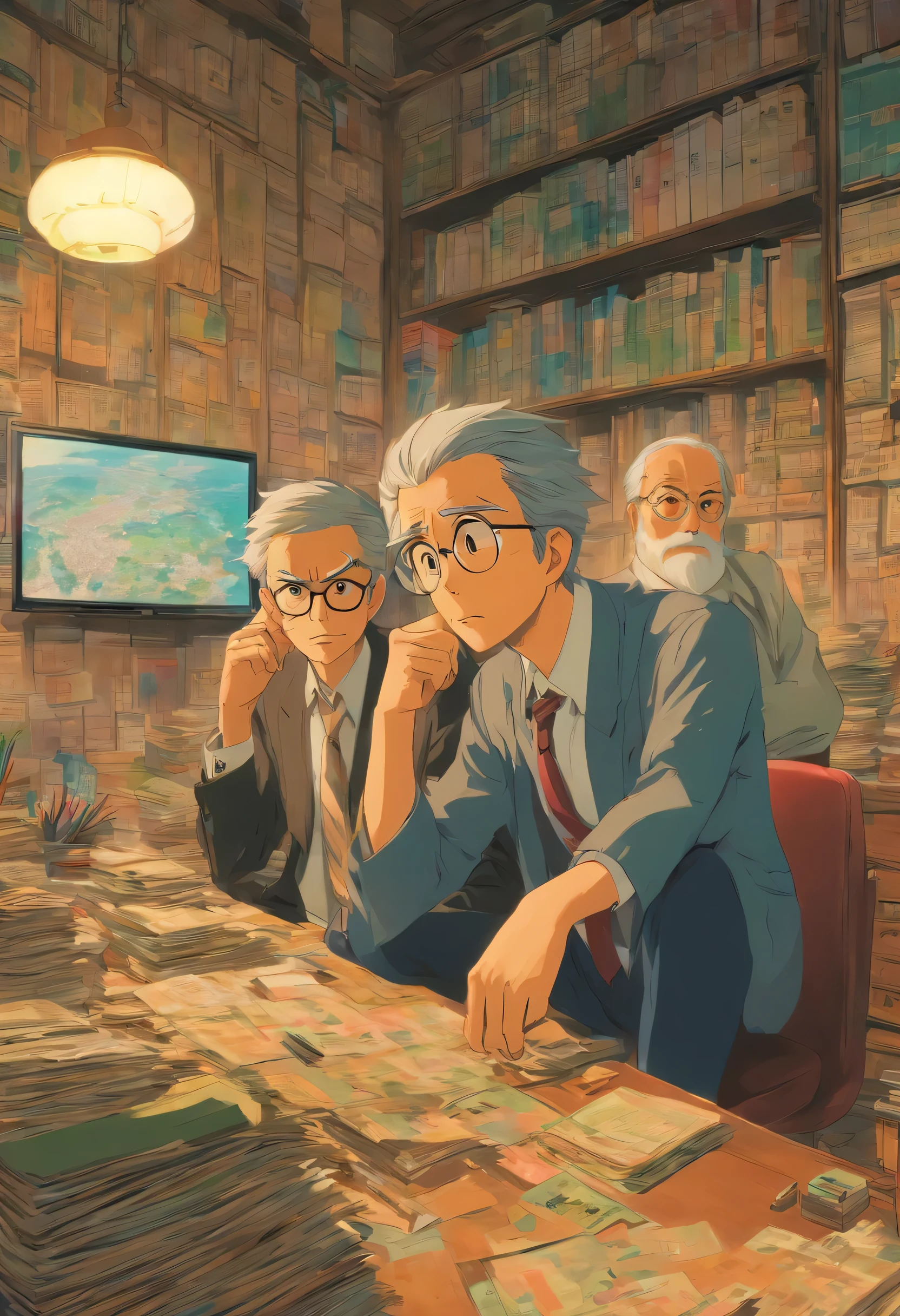 meeting of executives at the office looking confused, art by Hayao Miyazaki —niji 5