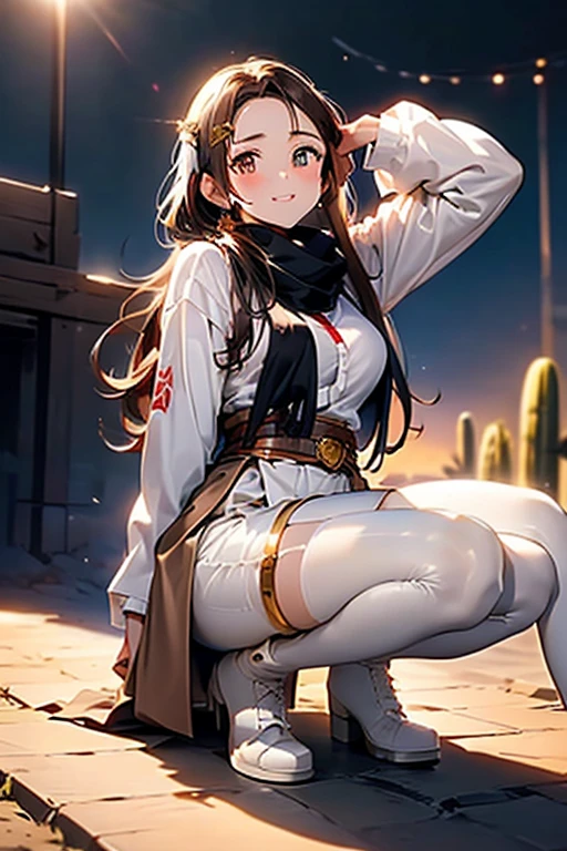 ((in a desert:1.5)), a matured woman with long hair and a white outfit, (resting in oasis:1.2), Arabic, Post apocalyps, from arknights, artwork in the style of guweiz, bodyesbian, fine details. girls frontline, beautiful anime illustration, from girls frontline, by Yang J, stunning, 26 years old, (solo:1.5), (sfw:1.25), sagging breast, large breasts, big tits, thin waist, big ass, Raised sexy, (dark mahogany medium long hair, updo, hair over one eye, asymmetric hair, Carly hair, low tied),(musulman, Headscarfs, hair bands, head vandage, Turban), (ultra high resolution, 8K RAW photo, photo realistics, weak outline:1.3, clear focus), best qualtiy, natural lighting, blurry back ground, field depth, (Bright pupils, detailed beautiful eyes, high detailed face), Red lip, looking at viewers, (tight focus:1.2, from below), sexy posing, seductive weak smiling, center image, (wearing white long jacket and clothes, wearing short pants, gold ornaments, white clothes rolling around waist, camel-brown long leather boots, translucent lace pantyhose), ((correct anatomy:1.5)), ((outdoor:1.2)),