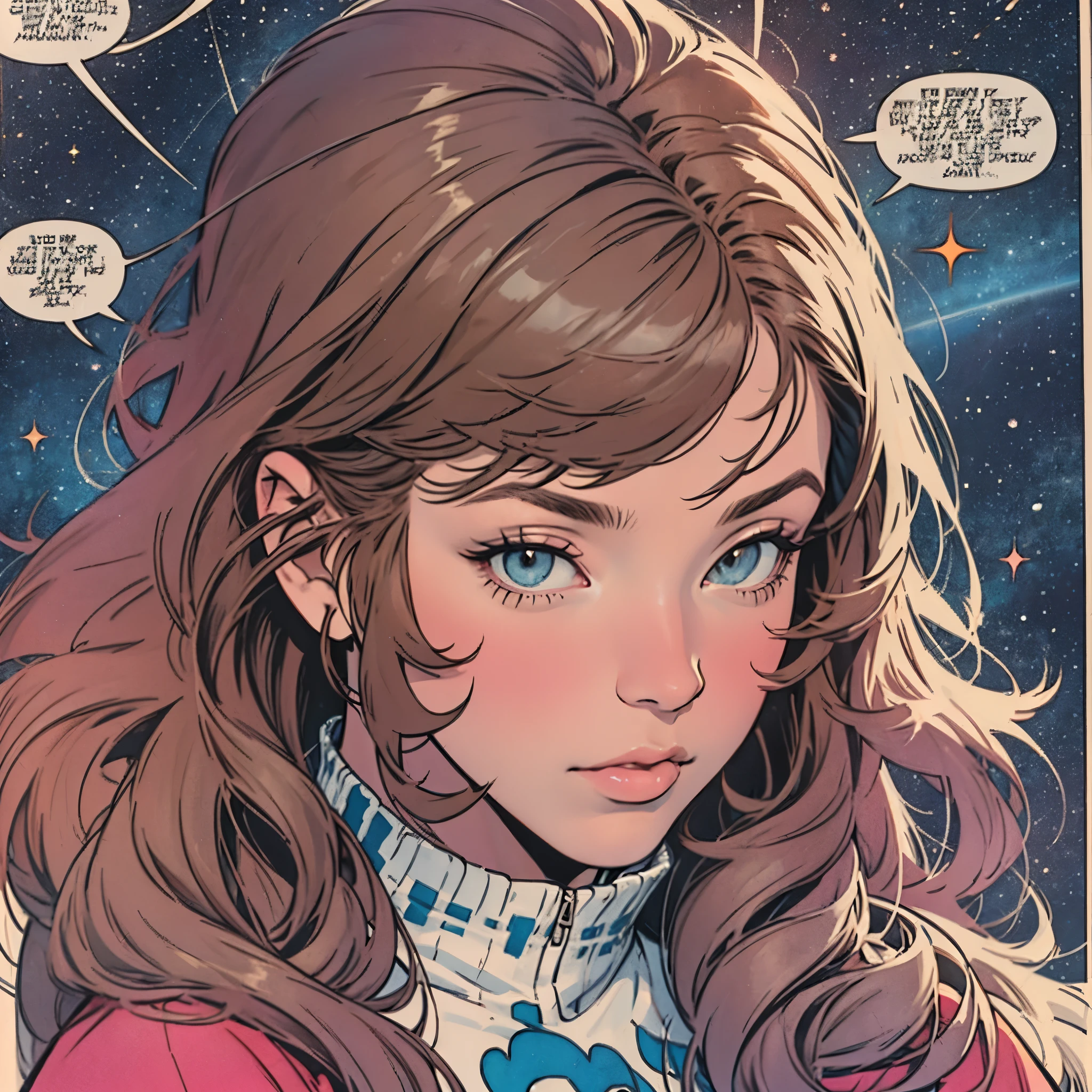 ultimate best quality,beautiful woman,speech bubble,big brest,galaxy,60s,70s,80s,colorful,cosmo,space,