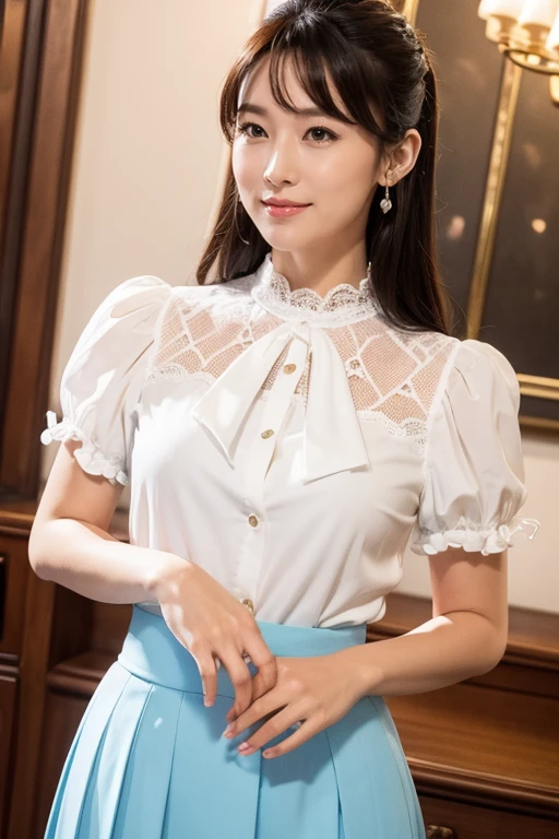 Medium display, Medium Shot, Written boundary depth, bust, movie angle, masterpiece, highest quality, Very detailed, CG, 8k wallpaper, Beautiful Face, Delicate eyes, Otome, alone, smile, Are standing、High-class blouse、High-class skirt、White high heels