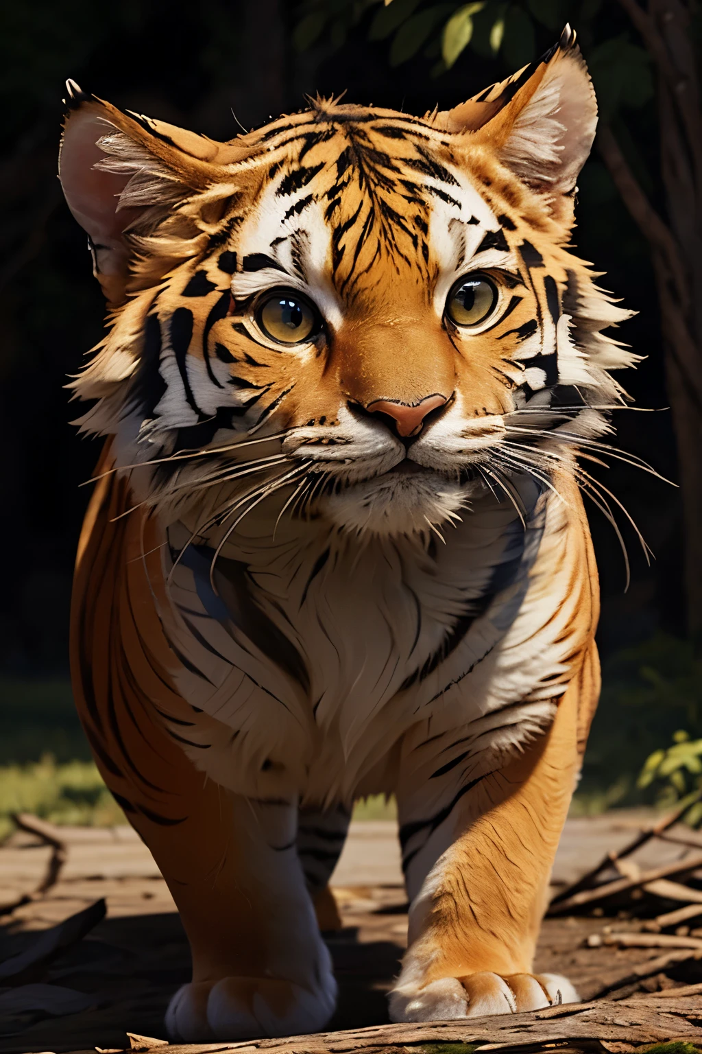 ((best quality)), ((masterpiece)), (detailed), perfect face,
(full body:1.3), 
Photo of National Geographic, 
1 cute fluffy for hybrid of tiger and kitten, 
it is the most beautiful and wonderful thing, it behaves in a special way, subtly with a pose of great fierceness, adorable, cat ears, cat tail, fine and stylized body, eyes for tiger, 
eyes should be large and expressive, a moment of curiosity or playfulness., 
Capturing the essence of mischief, 
perched stump, with wood chips, 
playing with soap bubbles, 
surreal landscape, imagination swirling, dreamworld, 
Pixar render, 
(realistic:1), details down to every fluff, 
(masterpiece:1.2), (best quality:1.2), sharp focus, (8k), beautiful, high quality, (hightres:1.1), detailed, extremely detailed, intricate, hyper detailed, illustration, soft lighting, high resolution, sharp detail, perfect lighting, 
very dark focused flash photo, amazing quality, masterpiece, best quality, hyper detailed, ultra detailed, UHD, perfect anatomy, dof, hyper-realism, majestic, awesome, inspiring, 
cute00d