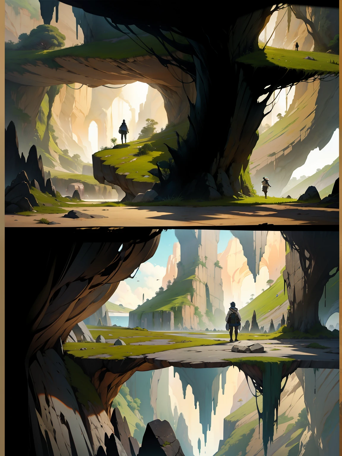 there are two different views of a cave with a man inside it, arte de fundo, environment design illustration, comic arte conceitual, conceito de meio ambiente, arte conceitual!, environment arte conceitual, environmental arte conceitual, arte em quadrinhos estilizada, arte conceitual, arte conceitual, scenery game arte conceitual, indie game arte conceitual, illustration arte conceitual, arte conceitual for a video game, colored concept artthere are two photos of a man standing in a cave, design de ambiente illustration, Arte Conceitual Ambiental, conceito de meio ambiente art, illustration concept art, conceito de meio ambiente, arte conceitual de pintura digital, desenvolvimento visual, arte conceitual colorida, design de ambiente, artes conceituais, meio ambiente e arte conceitual, arte conceitual limpa, Arte conceitual 2D, concept art digital illustration, pintura conceitual, anime scenery concept art, uma caverna escura, cave with dead roots, cave with rigid walls, escombros e pedras rachadas, support pillars, plataformas de pedra, rock excavation, roots coming out of platforms, Poor lighting, pilastras rochosas e um penhasco, conceito de meio ambiente, 2d arte conceitual, design de ambiente illustration, environment arte conceitual, desenvolvimento visual, arte conceitual