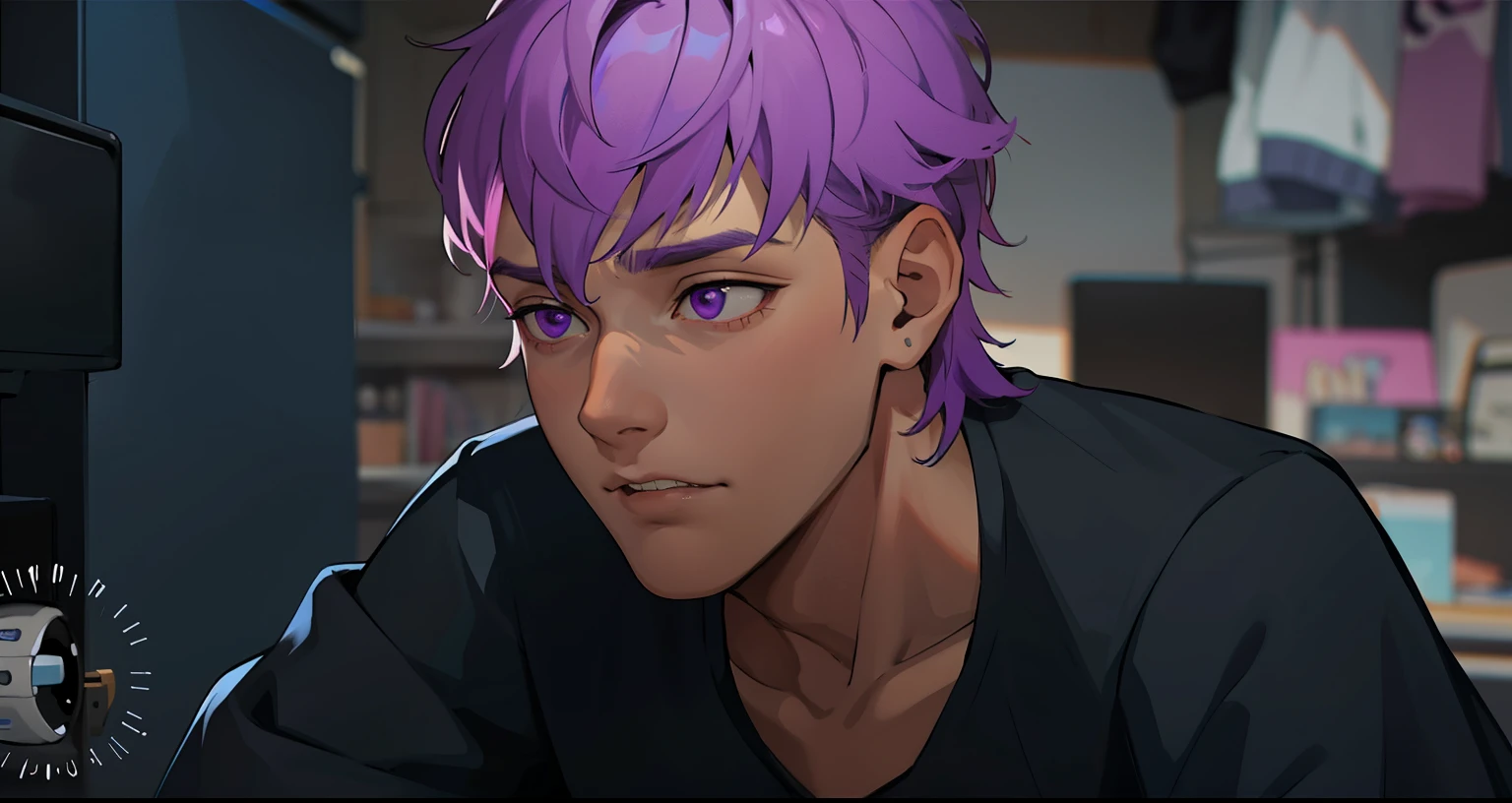 cute 16 year old boy is sad he is talking telling that he did something bad remembering something bad that happened to him he has purple eyes purple hair he is depressed