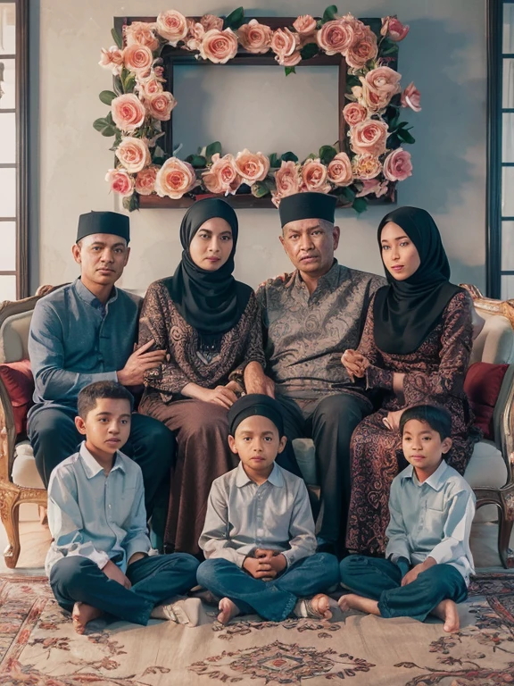 Photorealistic 8k resolution Ultra-realistic illustration of the full body of an Indonesian husband and wife aged around 60 years with clean faces sitting on a luxurious sofa flanked by their son and daughter aged 35 years, some sitting on the ground are three sons aged 12 years, aged 9 years and 7 years old, all men wear black skullcaps, all women wear hijabs, dress to match with a striking dark brown batik motif, with a background of a large frame depicting roses attached to the wall, photo slightly tilted to the side, visible face, atmosphere night, minimal lighting, sunset light. ultra HD, real photo, very detailed, very sharp, 18mm lens, realistic, photography, leica camera
