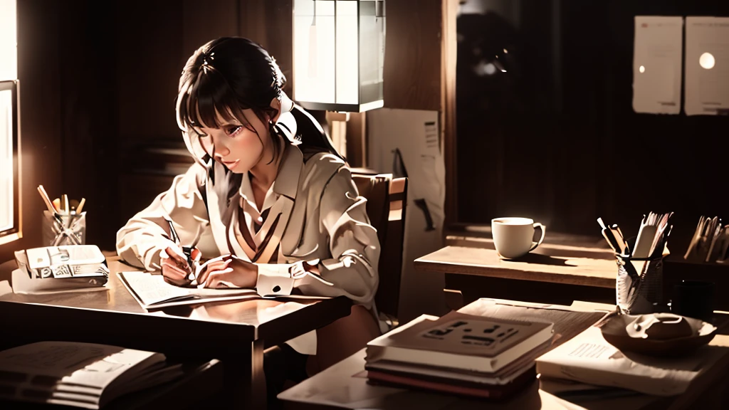 There is a woman sitting at a desk writing a book, study in a brightly lit room, studying in the bedroom, Live-action movie stills, A scene from a live-action movie, anime. Soft lighting, study, A luxurious study with warm lighting, Investigative Chiaroscuro, Trying to study, morning lighting, iwakura lain