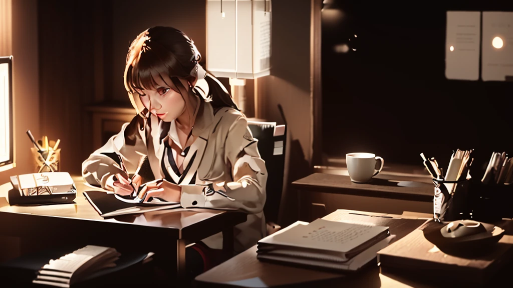 There is a woman sitting at a desk writing a book, study in a brightly lit room, studying in the bedroom, Live-action movie stills, A scene from a live-action movie, anime. Soft lighting, study, A luxurious study with warm lighting, Investigative Chiaroscuro, Trying to study, morning lighting, iwakura lain