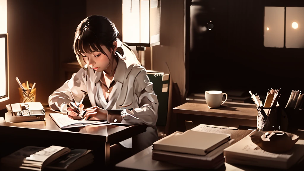 There is a woman sitting at a desk writing a book, study in a brightly lit room, studying in the bedroom, Live-action movie stills, A scene from a live-action movie, anime. Soft lighting, study, A luxurious study with warm lighting, Investigative Chiaroscuro, Trying to study, morning lighting, iwakura lain