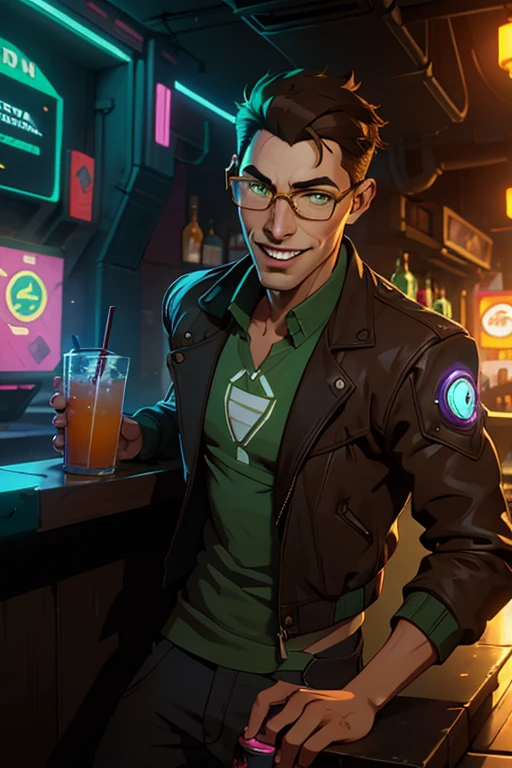 jon, a young guy in his 30s with asymmetric very short brown hair, green eyes with brown specs, a flat nose, smooth skin, slim athletic body, laughing loud, wearing cyberpunk jacket, cyberpunk bar in background, drink in hand