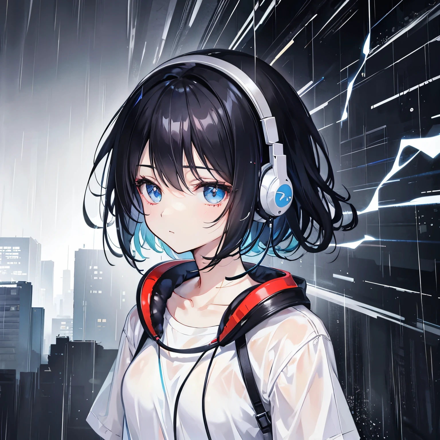 Black hair anime girl, cool white shirt, raining, dramatic light, headphones