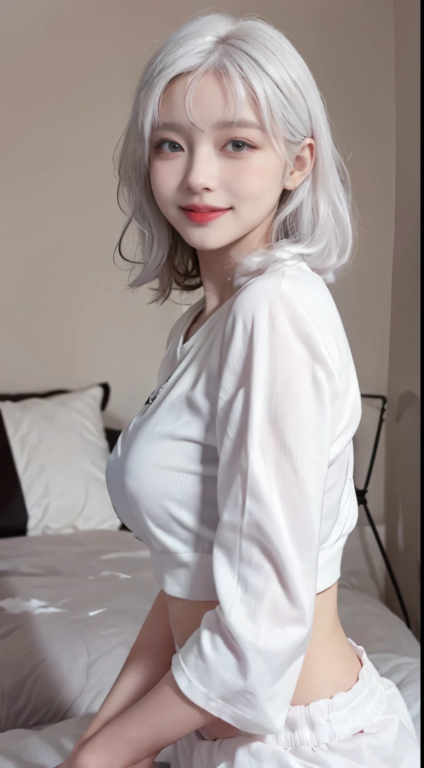 best image quality、Raw photo、超A high resolution、21 year old Korean、small breasts、dynamic angle、cowboy shot、the most beautiful form chaos、elegant、brutalist design、vivid colors、beautiful white hair、short bob、smile、fun、smile、glossy white skin、beautiful eyes with random colors、very thin lips、Beautiful eyes in every detail、elongated eyes、light pink cheek、long eyelashes、beautiful double eyelids、eye shadow、bright white hair、crop top、black down jacket、harem pants、Hand gestures、bright room、Chocolate motif、shot from the side、Full body shot