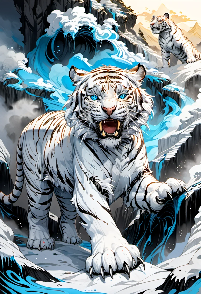 white tiger, tiger, ink mountain, cloud, fog, claws, roar, blue glowing eyes