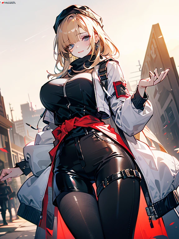 masterpiece, best quality, highres, aarapi, long hair, beret, black headwear, red necktie, black shirt, black leotard, black jacket, cropped jacket, open clothes, long sleeves, gloves, pouch, ammunition belt, black thighhighs, standing, cowboy shot, ruins, building,black shorts,huge breasts,(sweating,blush),looking viewer,grin,