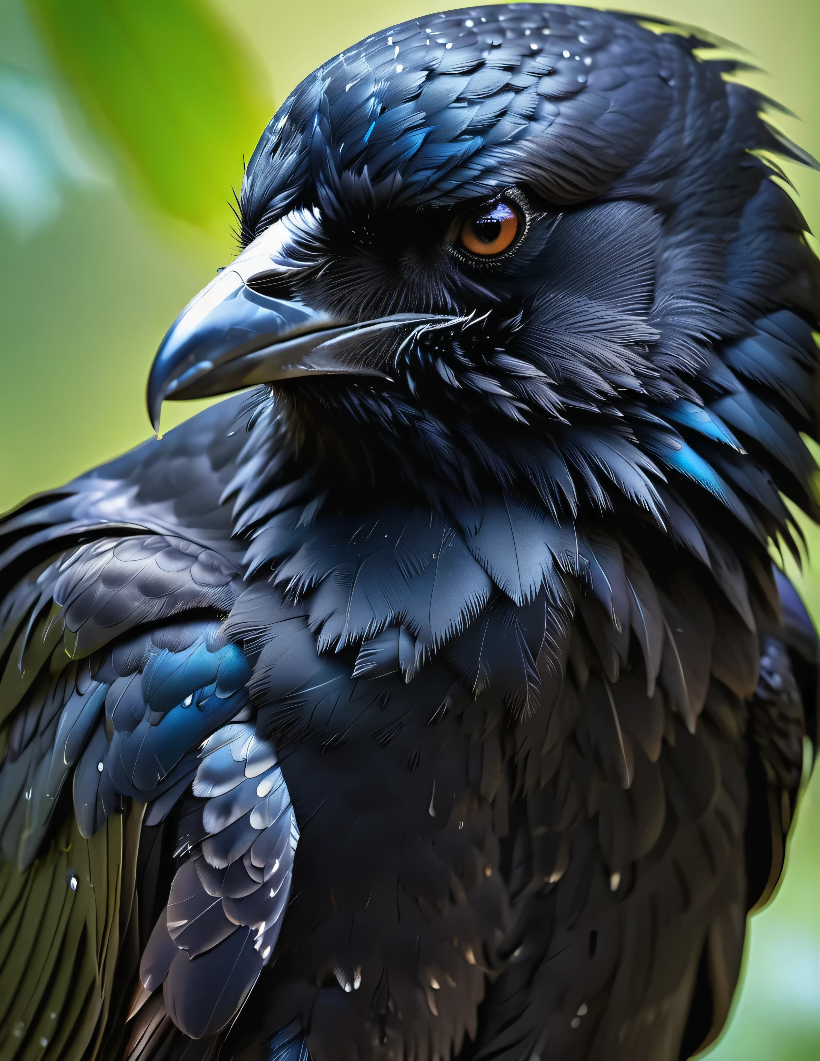 #quality(8k wallpaper of extremely detailed CG unit, ​masterpiece, hight resolution, top-quality, top-quality real texture skin,hyper realisitic, digitial painting,increase the resolution,RAW photos，best qualtiy,highly detailed,the wallpaper),BREAK,#crow head(full body,bathe,beautiful black feathers,shiny feathers,head close up shot,feather repelling water),#background(,in beautiful forest,dappled sunlight,raining),(head close up shot:2.0)