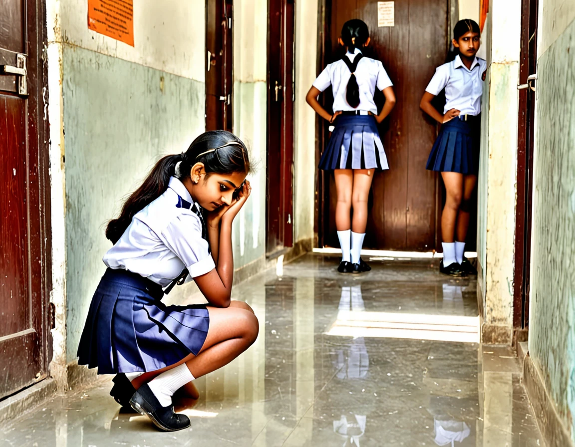 Indian college girls wearing short skirt uniform kneeling down holding ears in corridor outside class room door in punishment