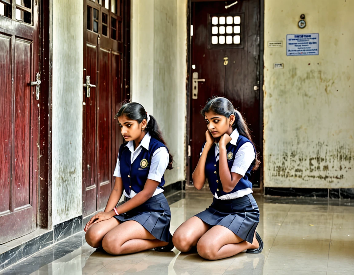 Indian college girls wearing short skirt uniform kneeling down holding ears in corridor outside class room door in punishment