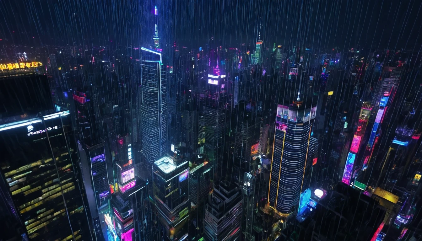 YouTube videos、From the glass of a skyscraper、Night view of a city with many buildings、Colorful Neon、rain、rainに少し夜景が反射して輝く