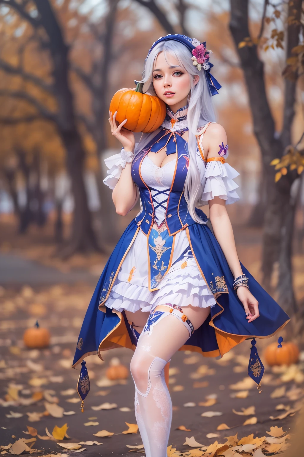 best quality,ultra-detailed,sexy,woman,pumpkin cosplay outfit,plain background,vivid colors,sharp focus