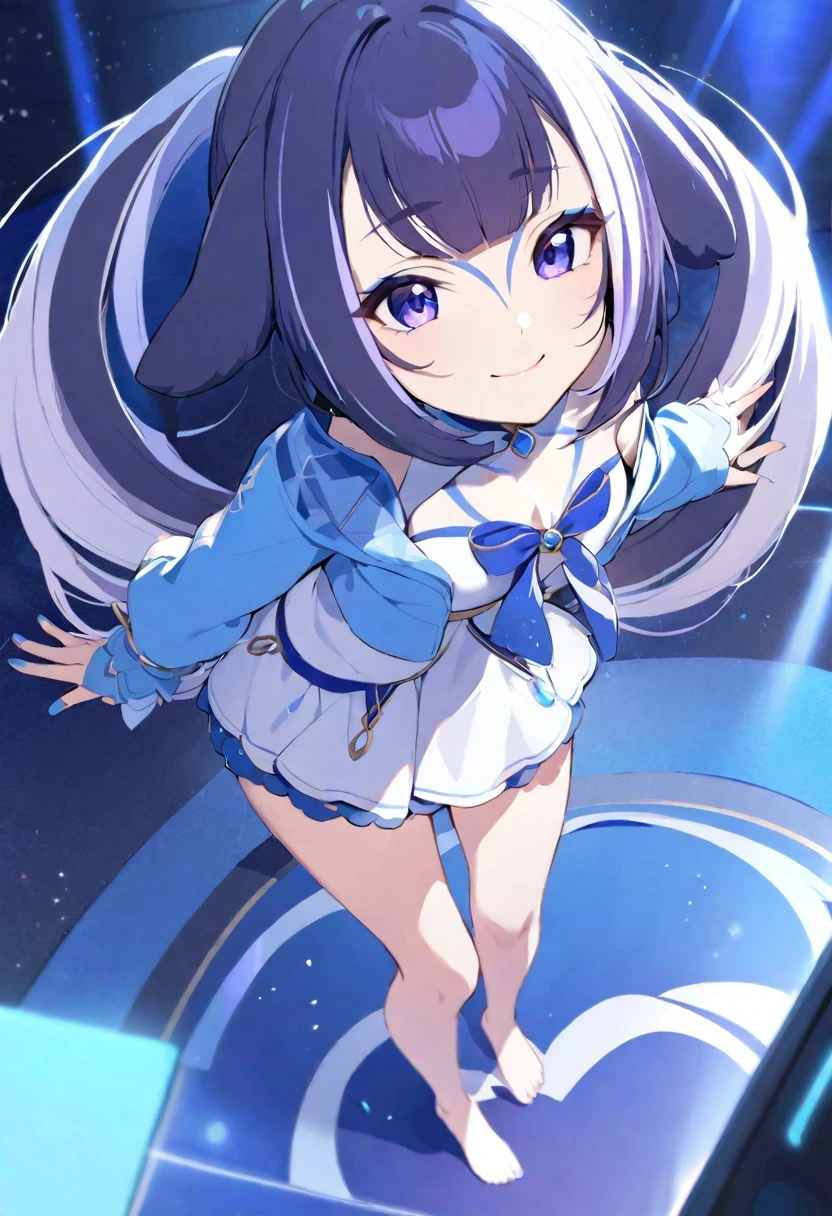 (shylily/(Twich/):1.5),(masterpiece:1.2),(best quality:1.2),, (1girl:1.3),(origin:1.5),Virtual_Youtuber,full_body,,Alone,Lop,_shoulder,through bangs,,(china idol:1.2),,(from the above:1.2),light  smile,Barefoot,club, Blue nails, precious stones, looking at viewert, hair between eye, Blue Themes, sporty attire, bangle,