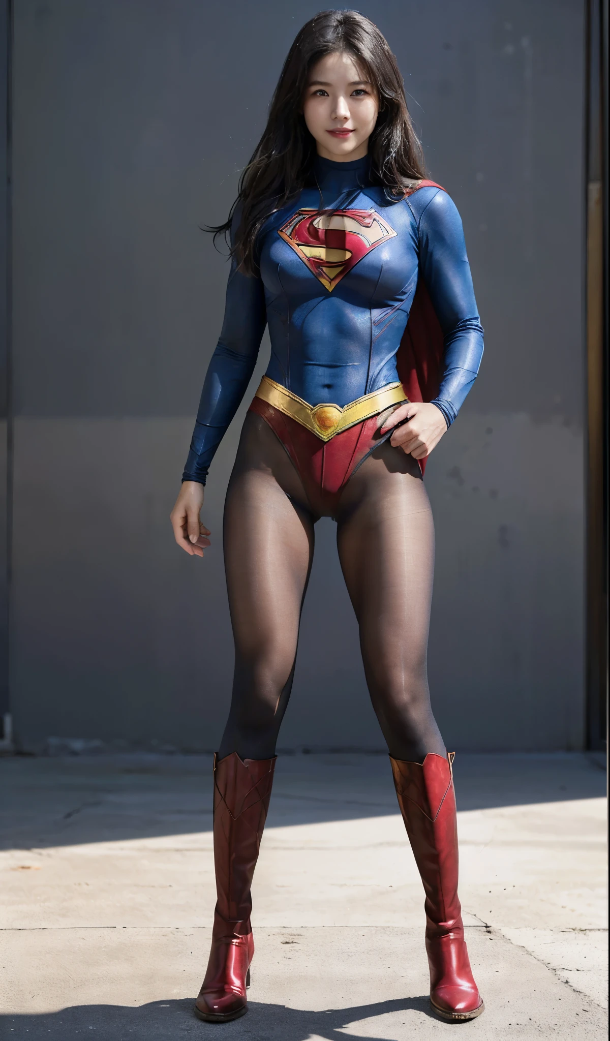 No background、(((Beautiful legs in black tights.)))、(((Legally express the beauty of your smile)))、((((Make the most of your original images)))、(((Supergirl Costume)))、(((Beautiful Hair)))、(((suffering)))、(((Please wear black tights....、Wear red boots)))、((Best image quality、8K))、((highest quality、8K、masterpiece:1.3))、(((Preserve background )))、Sharp focus:1.2、Beautiful woman with perfect figure:1.4、Thin abdominal muscles:1.2、Wet body:1.5、Highly detailed face and skin texture、8K