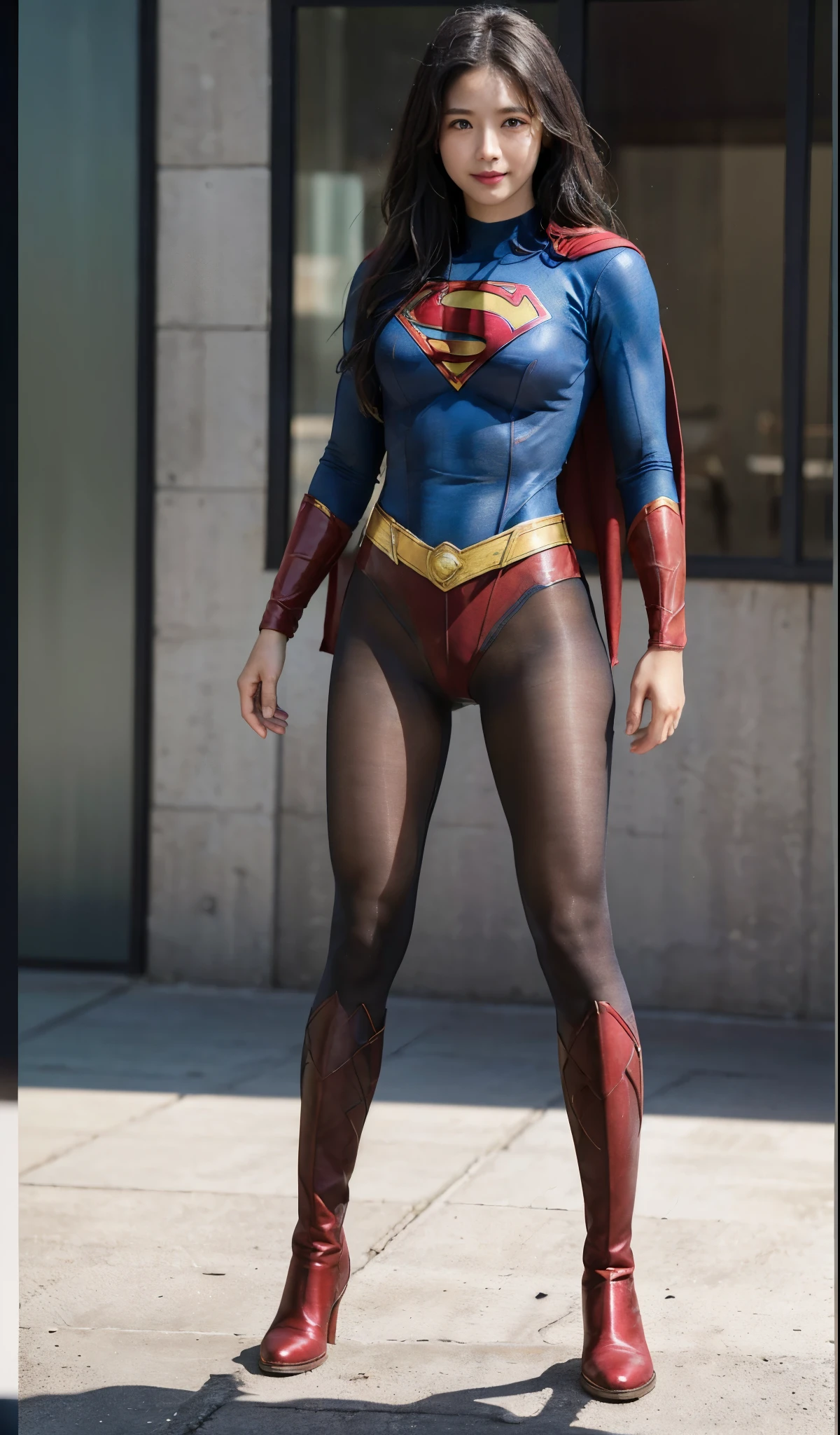 No background、(((Beautiful legs in black tights.)))、(((Legally express the beauty of your smile)))、((((Make the most of your original images)))、(((Supergirl Costume)))、(((Beautiful Hair)))、(((suffering)))、(((Please wear black tights....、Wear red boots)))、((Best image quality、8K))、((highest quality、8K、masterpiece:1.3))、(((Preserve background )))、Sharp focus:1.2、Beautiful woman with perfect figure:1.4、Thin abdominal muscles:1.2、Wet body:1.5、Highly detailed face and skin texture、8K