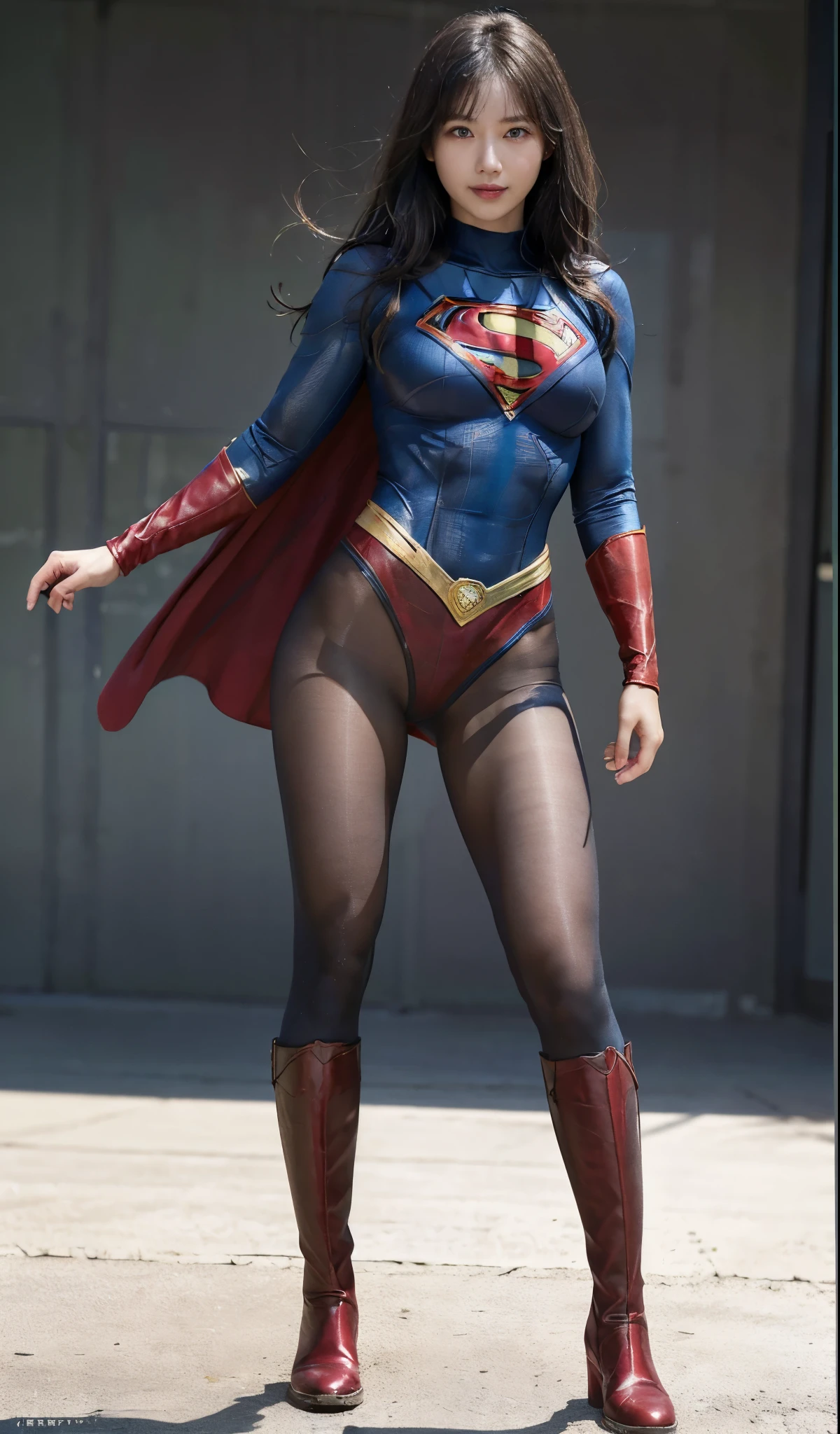 No background、(((Beautiful legs in black tights.)))、(((Legally express the beauty of your smile)))、((((Make the most of your original images)))、(((Supergirl Costume)))、(((Beautiful Hair)))、(((suffering)))、(((Please wear black tights....、Wear red boots)))、((Best image quality、8K))、((highest quality、8K、masterpiece:1.3))、(((Preserve background )))、Sharp focus:1.2、Beautiful woman with perfect figure:1.4、Thin abdominal muscles:1.2、Wet body:1.5、Highly detailed face and skin texture、8K