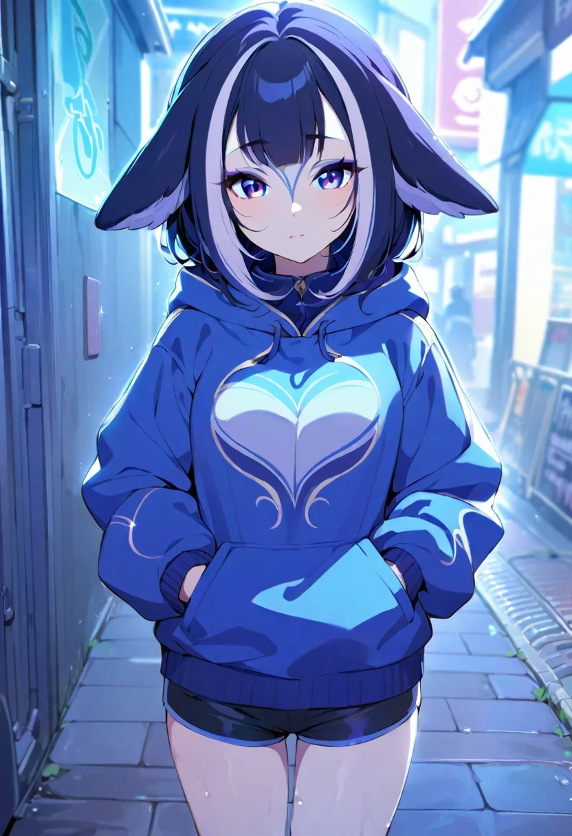(shylily/(Twich/):1.5),(masterpiece:1.2),(best quality:1.2),, (1girl:1.3),(origin:1.5), ((8K resolution))、((super detailed))、1 female、solo、incredibly absurd、oversized hoodie、headphones、street、outdoor、rain、neon、bright colored eyes、put one hand in one pocket、shorts、water dripping, step piece, cool blue open short jacket,,unusual colored eyes, Vivid eyes,