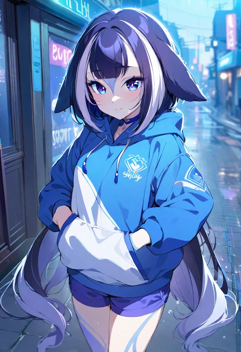 (shylily/(Twich/):1.5),(masterpiece:1.2),(best quality:1.2),, (1girl:1.3),(origin:1.5), ((8K resolution))、((super detailed))、1 female、solo、incredibly absurd、oversized hoodie、headphones、street、outdoor、rain、neon、bright colored eyes、put one hand in one pocket、shorts、water dripping, step piece, cool blue open short jacket,,unusual colored eyes, Vivid eyes,