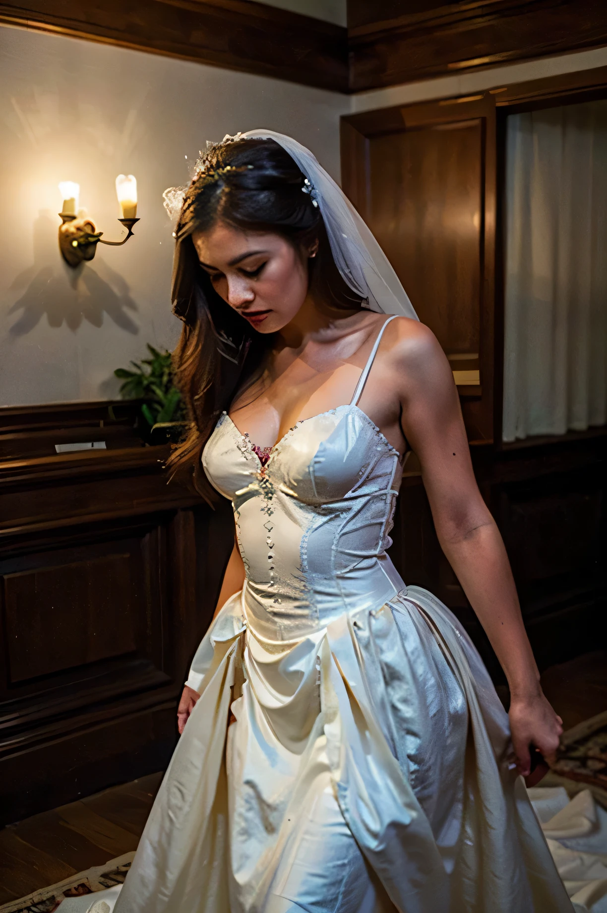 Create an image of a stunning bride, with a radiant and confident expression. She should be wearing a beautiful and intricate wedding gown, with a fitted bodice and a flowing skirt. The gown should be adorned with delicate lace and beadwork, with a long, flowing train. The bride should be wearing a veil, with a lace or beaded trim, and she should be carrying a bouquet of fresh flowers, such as roses, peonies, or lilies. The overall mood should be elegant, romantic, and joyful. The background should be a traditional wedding setting, such as a church or a ballroom, with soft, warm lighting and a warm and inviting atmosphere.