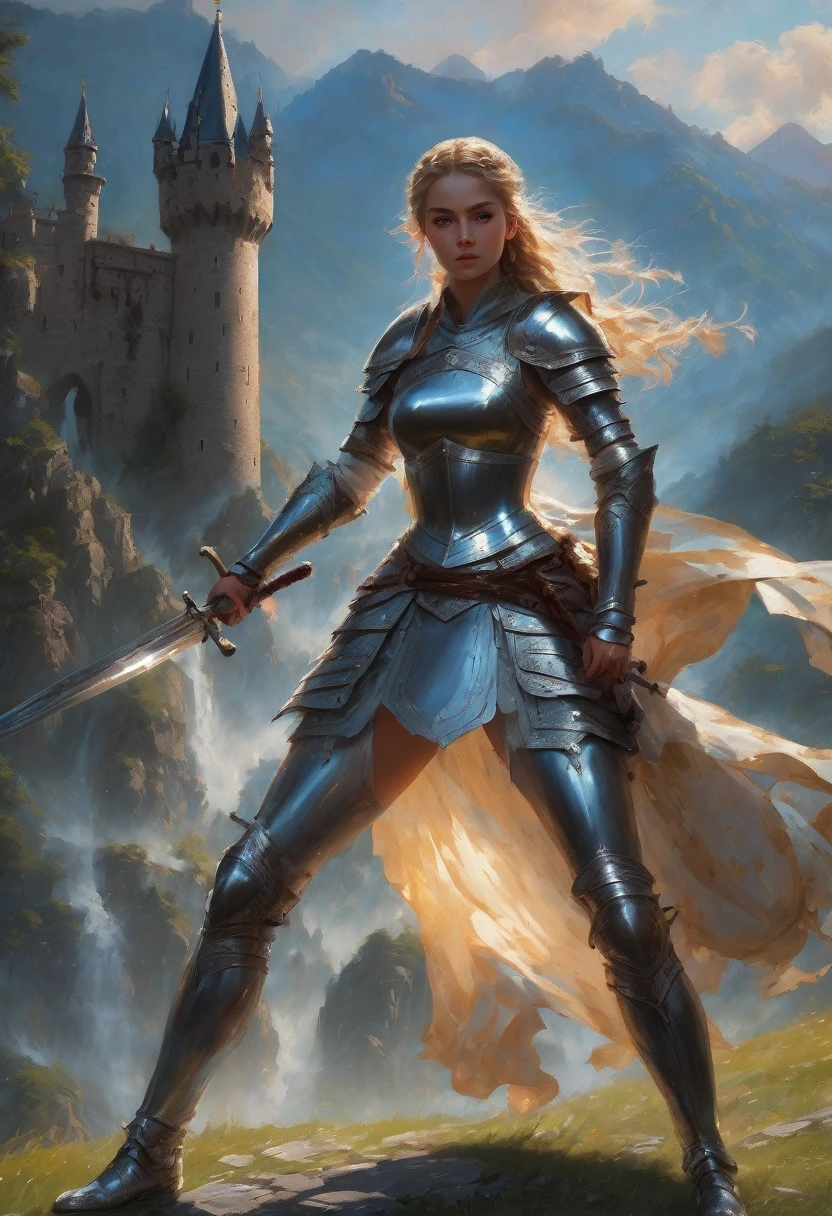 1girl,Swordsman,(with sword and armor),medieval setting,heroic pose,dramatic lighting,vivid colors,realistic details,strong and muscular,action-packed,blade sparkling in sunlight,background of castle and mountains,battlefield chaos,worn and battle-scarred armor,steely determination,ferocious eyes,swirling cloak,confident and skilled stance,(sword slashing through the air:1.1).(best quality,4k,highres),epic battle scene,brave and fearless warrior,striking and powerful image.