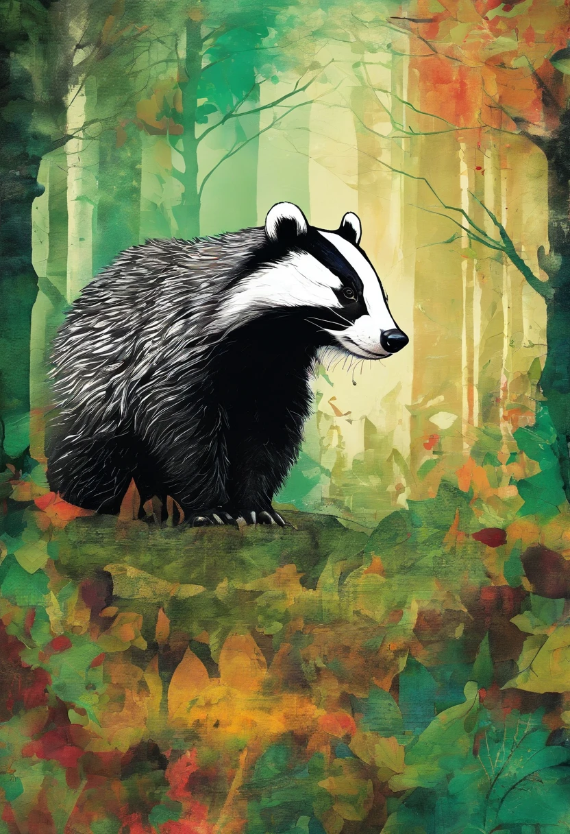 badger apathique, discouraged look, head down, green forest background ::2 colorful ink painting ::2 art fantasy