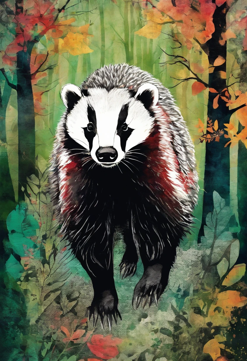 badger apathique, discouraged look, head down, green forest background ::2 colorful ink painting ::2 art fantasy