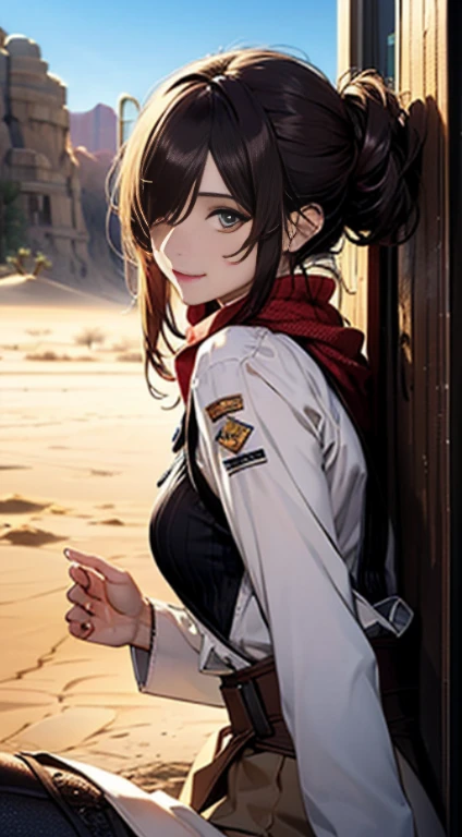 ((in a desert:1.5)), a matured woman with long hair and a white outfit, (resting in oasis:1.2), Arabic, Post apocalyps, from arknights, artwork in the style of guweiz, bodyesbian, fine details. girls frontline, beautiful anime illustration, from girls frontline, by Yang J, stunning, 26 years old, (solo:1.5), (sfw:1.25), sagging breast, large breasts, big tits, thin waist, big ass, Raised sexy, (dark mahogany medium long hair, updo, hair over one eye, asymmetric hair, Carly hair, low tied),(musulman, Headscarfs, hair bands, head vandage, Turban), (ultra high resolution, 8K RAW photo, photo realistics, weak outline:1.3, clear focus), best qualtiy, natural lighting, blurry back ground, field depth, (Bright pupils, detailed beautiful eyes, high detailed face), Red lip, looking at viewers, (tight focus:1.2, from below), sexy posing, seductive weak smiling, center image, (wearing white long jacket and clothes, wearing short pants, gold ornaments, white clothes rolling around waist, camel-brown long leather boots, translucent lace pantyhose), ((correct anatomy:1.5)), ((outdoor:1.2)),