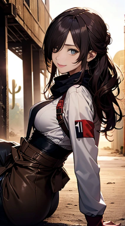 ((in a desert:1.5)), a matured woman with long hair and a white outfit, (resting in oasis:1.2), Arabic, Post apocalyps, from arknights, artwork in the style of guweiz, bodyesbian, fine details. girls frontline, beautiful anime illustration, from girls frontline, by Yang J, stunning, 26 years old, (solo:1.5), (sfw:1.25), sagging breast, large breasts, big tits, thin waist, big ass, Raised sexy, (dark mahogany medium long hair, updo, hair over one eye, asymmetric hair, Carly hair, low tied),(musulman, Headscarfs, hair bands, head vandage, Turban), (ultra high resolution, 8K RAW photo, photo realistics, weak outline:1.3, clear focus), best qualtiy, natural lighting, blurry back ground, field depth, (Bright pupils, detailed beautiful eyes, high detailed face), Red lip, looking at viewers, (tight focus:1.2, from below), sexy posing, seductive weak smiling, center image, (wearing white long jacket and clothes, wearing short pants, gold ornaments, white clothes rolling around waist, camel-brown long leather boots, translucent lace pantyhose), ((correct anatomy:1.5)), ((outdoor:1.2)),