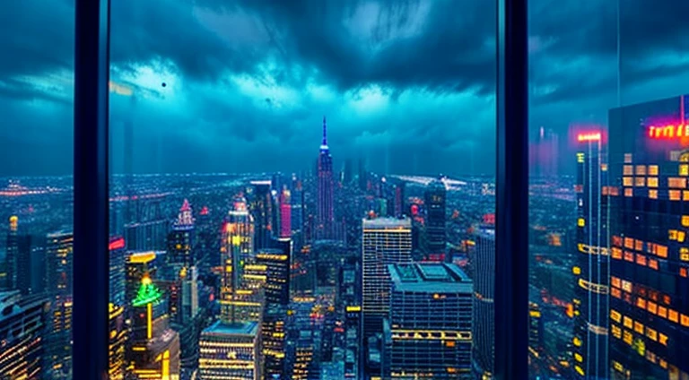YouTube videos、From the window of a skyscraper、Night view of a city with many buildings、Colorful Neon、rain、rainに少し夜景が反射して輝く