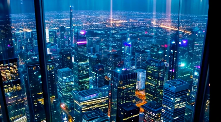 YouTube videos、From the window of a skyscraper、Night view of a city with many buildings、Colorful Neon、rain、rainに少し夜景が反射して輝く