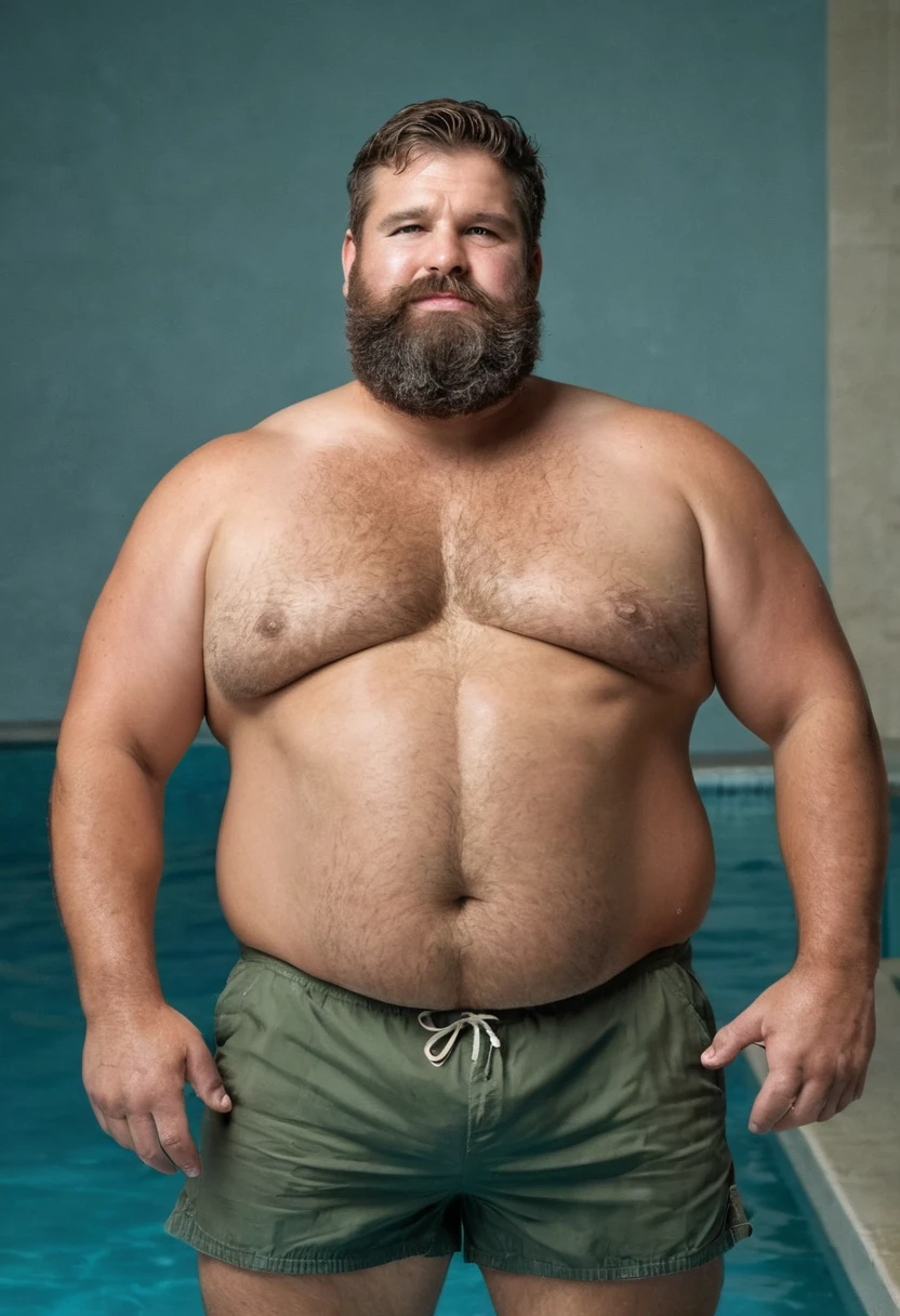 Capture um 8K, retrato hiper-realista de um homem com cerca de 50 anos. Ele tem um corte de cabelo desbotado estilo militar muito curto, with a rugged beard that gives off a lumberjack vibe. Seus penetrantes olhos verdes olham diretamente para o espectador. A cena mostra o homem de corpo inteiro, revelando seu peito fortemente peludo e a suabarriga, showing a strong and chubby physique. He is only wearing short shorts, he is in a very comfortable pool, with bright studio lighting effect evenly illuminating your body. A imagem deve mostar o corpo todo, e focar nos pelos no peito, renderizado no estilo hiperrealista. Inspirando-se na fotografia de Greg Rutkowski, maintain a high level of realism while highlighting the man's natural, rugged appearance."