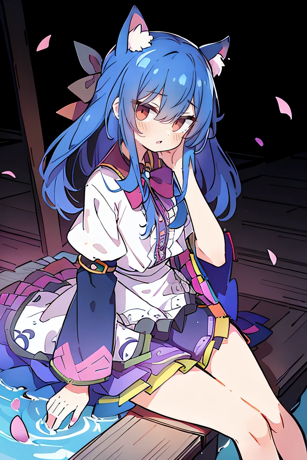 (masterpiece:1.2),ultra-detailed,realistic,expressive eyes,fair-skinned,perfectly shaped face,1girl,
Japanese cartoons,Gorgeous blue hair, flowing blue hair,floating clothes,cat ears,petals falling,beautiful Lola,Hina Angel,
hands on waist,gracefully sitting on the ground,legs crossed,gentle and serene background,cool and comfortable pavilion.