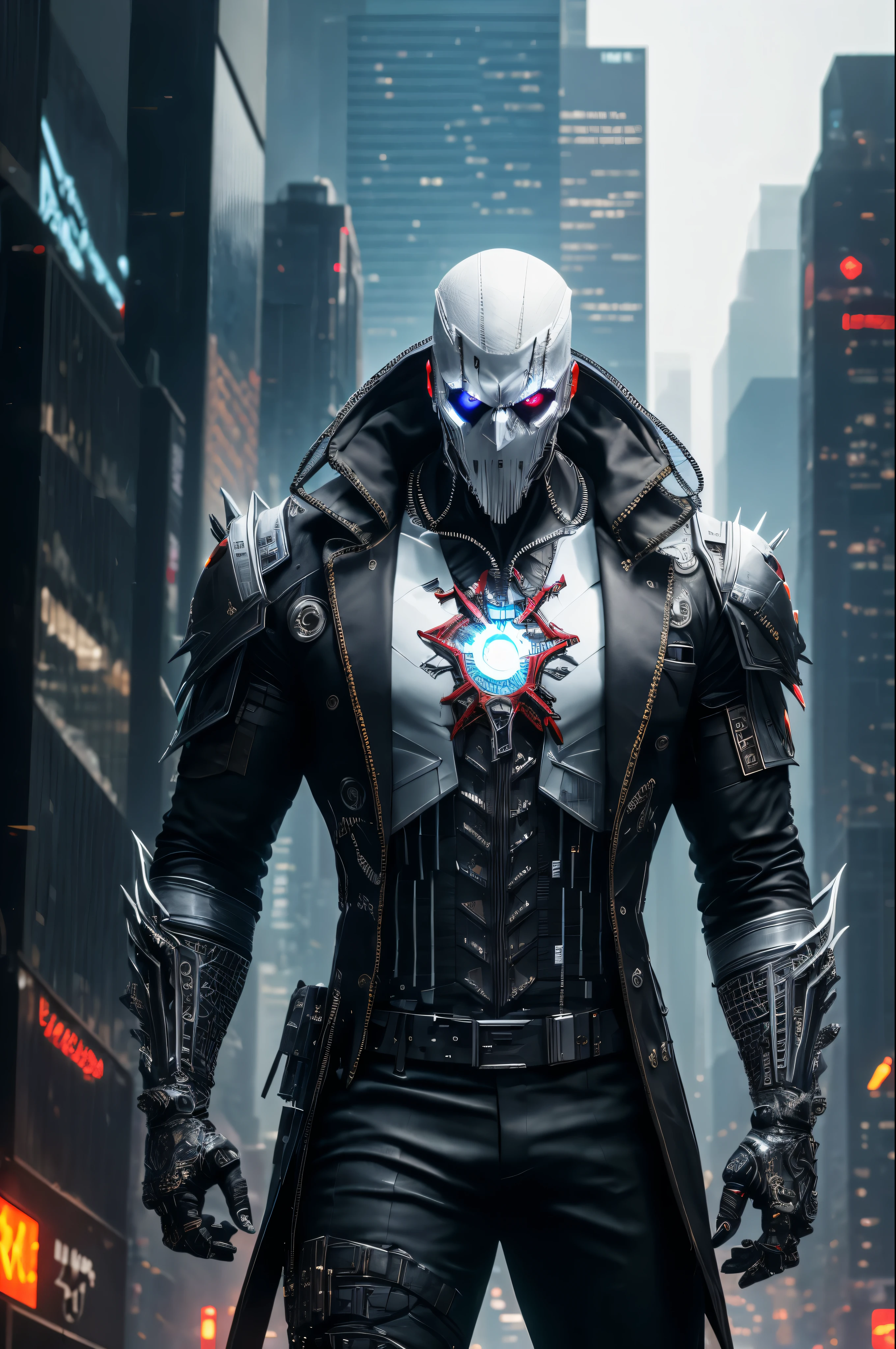 (extremely detailed 8k wallpaper), a medium shot photo of white cyberpunk Grim in a suit made of metal from marvel, horror theme, intricate, high detail, dramatic