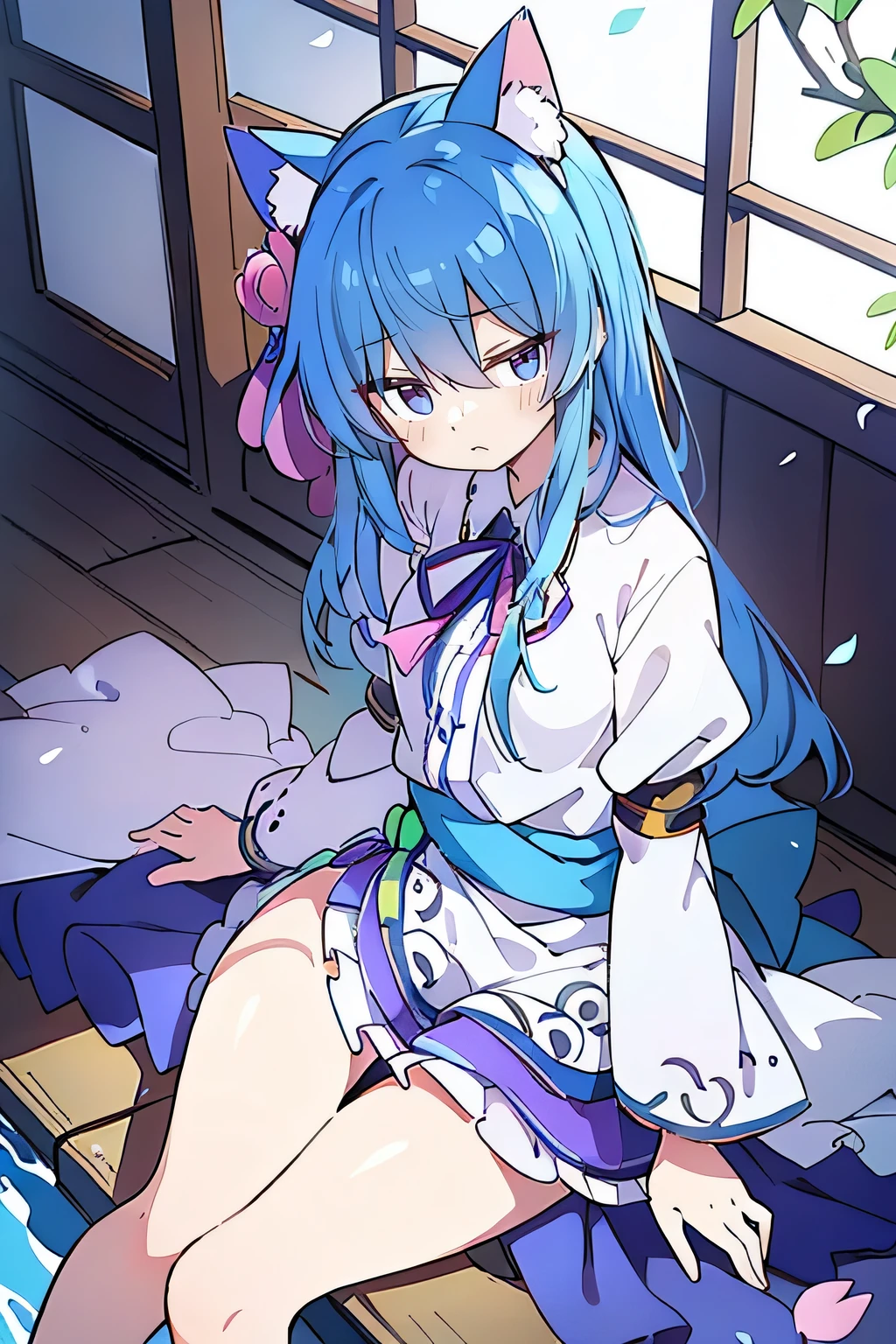 (masterpiece:1.2),ultra-detailed,realistic,expressive eyes,fair-skinned,perfectly shaped face,1girl,
Japanese cartoons,Gorgeous blue hair, flowing blue hair,floating clothes,cat ears,petals falling,beautiful Lola,Hina Angel,
hands on waist,gracefully sitting on the ground,legs crossed,gentle and serene background,cool and comfortable pavilion.