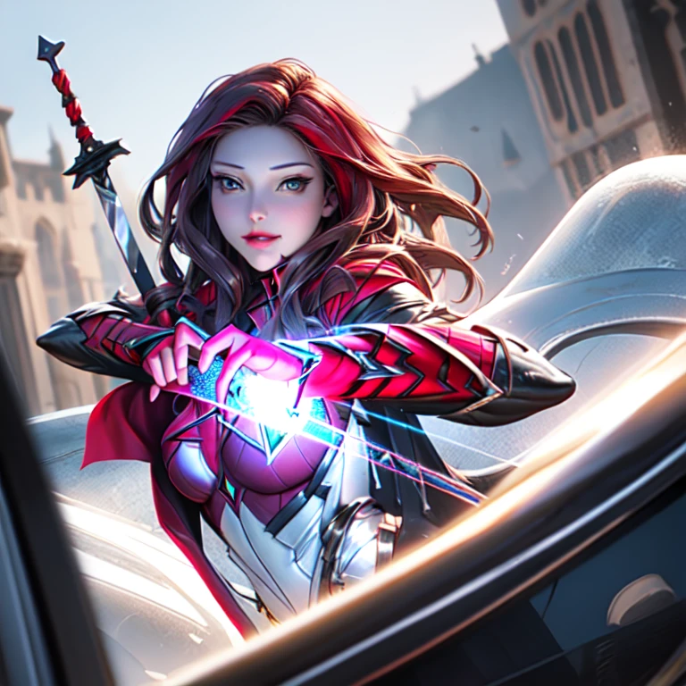 8k, dark_Fantasy, (Scarlet Witch, yellow: 1.5), Angel face, 1 person, 立っているwhole body像，(masterpiece), (Very complicated:1.3), (Realistic), Medieval Armor, reflection,sunlight, Beautiful woman, Perfect Face，whole body，sunlight，Fighting，Swinging a Sword，High leg，wilderness， smile，red sonja，Medieval castle，
