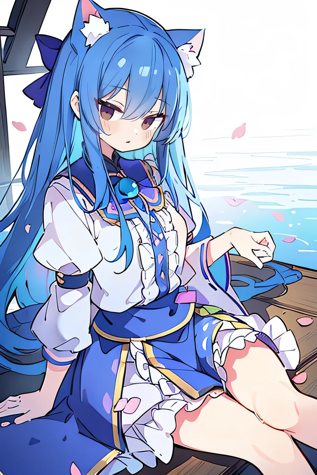 (masterpiece:1.2),ultra-detailed,realistic,expressive eyes,fair-skinned,perfectly shaped face,1girl,
Japanese cartoons,Gorgeous blue hair, flowing blue hair,floating clothes,cat ears,petals falling,beautiful Lola,Hina Angel,
hands on waist,gracefully sitting on the ground,legs crossed,gentle and serene background,cool and comfortable pavilion.