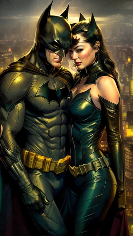 batman y catwoman por el caballero oscuro, por Mark Brooks, Gotham City style, batman anigirl, from the batman movie, by Ric Nagualero, por Joe Jusko, tipo germen and grek rutkowski, in batman comics, tipo germen and greg rutkowski, beautiful comic art, Chris Moore. tipo germen, Gotham City