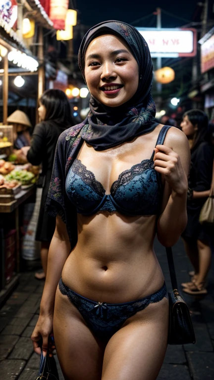 Vietnam girl wearing hijab, laughing, happy, holding handbag, dark skin, blue floral lace bra and panties in night market, beautiful face,  body, bright lighting, nighttime, 35mm lense, low angle Shot, Deep Focus cinematography effect, Natural Lighting, cool-toned color grading, high quality, ultra detail, 8k resolution,