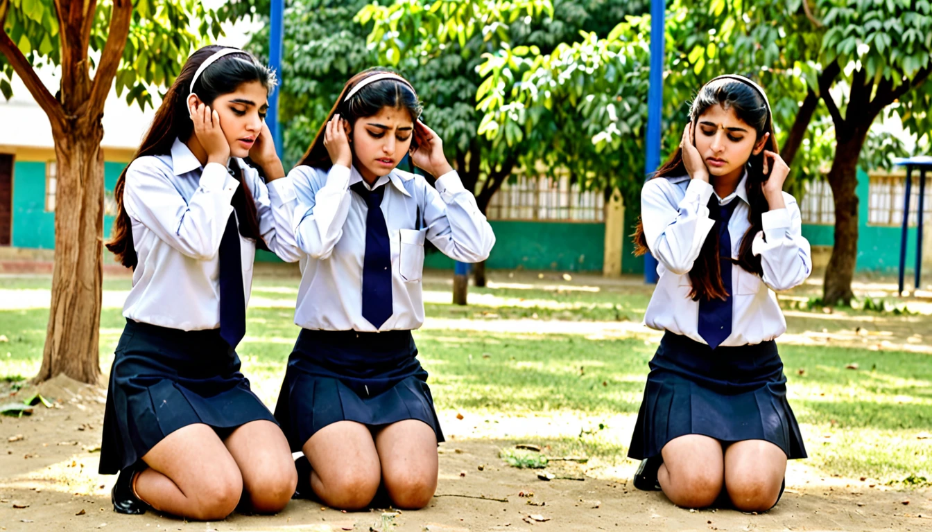 Pakistani college girls wearing short skirt uniform kneeling down holding ears in Play ground in punishment