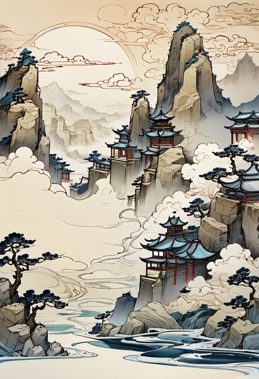 Chinese traditionallandscpae with anoff white background with a light gray thinines texturewith old paper texture featuringchinese art,Song dynasty, Xuan paper, Goofy.Solitary cloud, Sit alone, JingtingMountain,Never get tired of it, Look at eachother