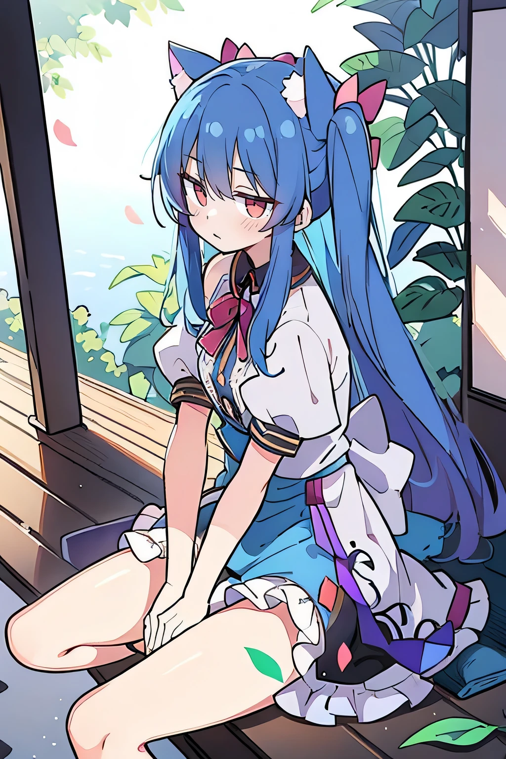 (masterpiece:1.2),ultra-detailed,realistic,expressive eyes,fair-skinned,perfectly shaped face,1girl,
Japanese cartoons,Gorgeous blue hair, flowing blue hair,floating clothes,cat ears,petals falling,beautiful Lola,Hina Angel,
hands on waist,gracefully sitting on the ground,legs crossed,gentle and serene background,cool and comfortable pavilion.