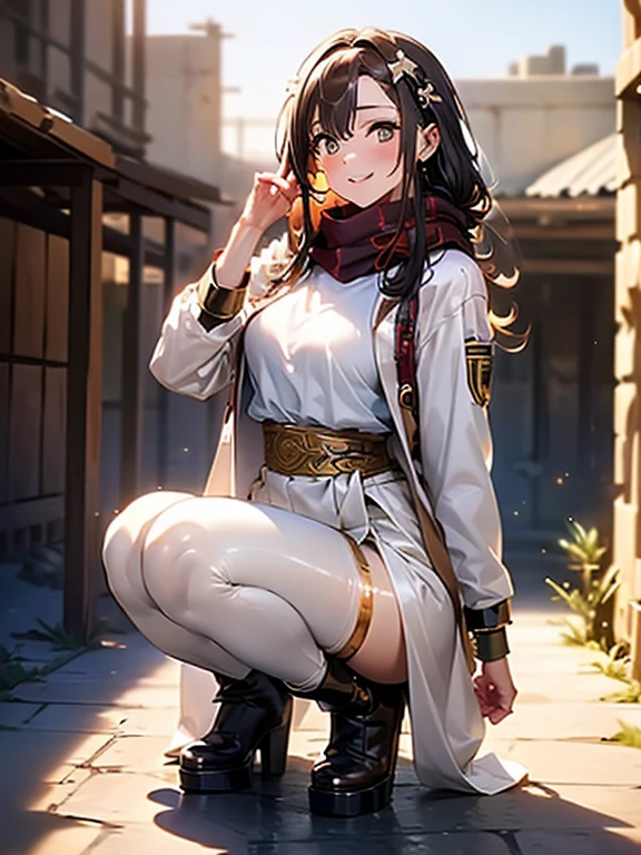 ((in a desert:1.5)), a matured woman with long hair and a white outfit, (resting in oasis:1.2), Arabic, Post apocalyps, from arknights, artwork in the style of guweiz, bodyesbian, fine details. girls frontline, beautiful anime illustration, from girls frontline, by Yang J, stunning, 26 years old, (solo:1.5), (sfw:1.25), sagging breast, large breasts, big tits, thin waist, big ass, Raised sexy, (dark mahogany medium long hair, updo, hair over one eye, asymmetric hair, Carly hair, low tied),(musulman, Headscarfs, hair bands, head vandage, Turban), (ultra high resolution, 8K RAW photo, photo realistics, weak outline:1.3, clear focus), best qualtiy, natural lighting, blurry back ground, field depth, (Bright pupils, detailed beautiful eyes, high detailed face), Red lip, looking at viewers, (tight focus:1.2, from below), sexy posing, seductive weak smiling, center image, (wearing white long jacket and clothes, wearing short pants, gold ornaments, white clothes rolling around waist, camel-brown long leather boots, translucent lace pantyhose), ((correct anatomy:1.5)), ((outdoor:1.2)),