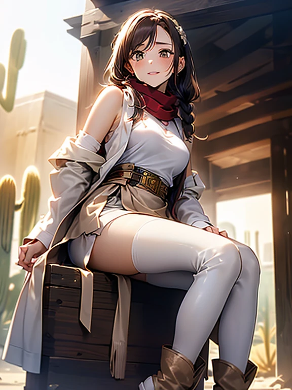 ((in a desert:1.5)), a matured woman with long hair and a white outfit, (resting in oasis:1.2), artwork in the style of guweiz, bodyesbian, fine details. girls frontline, beautiful anime illustration, from girls frontline, stunning, 21 years old, (solo:1.5), (sfw:1.25), beautiful breast, medium breasts, Amazing Cleavage, thin waist, big ass, Raised sexy, (dark mahogany medium long hair, updo, hair over one eye, asymmetric hair, Carly hair, low tied),(Headscarfs, hair bands, head vandage, Turban), (ultra high resolution, 8K RAW photo, photo realistics, weak outline:1.3, clear focus), best qualtiy, natural lighting, field depth, (Bright pupils, detailed beautiful eyes, high detailed face), Red lip, looking at viewers, (tight focus:1.2, from below), sexy posing, seductive weak smiling, center image, (wearing white long jacket and clothes, wearing short pants, gold ornaments, white clothes rolling around waist, camel-brown long leather boots, translucent lace pantyhose), ((correct anatomy:1.5)), ((outdoor:1.2)),