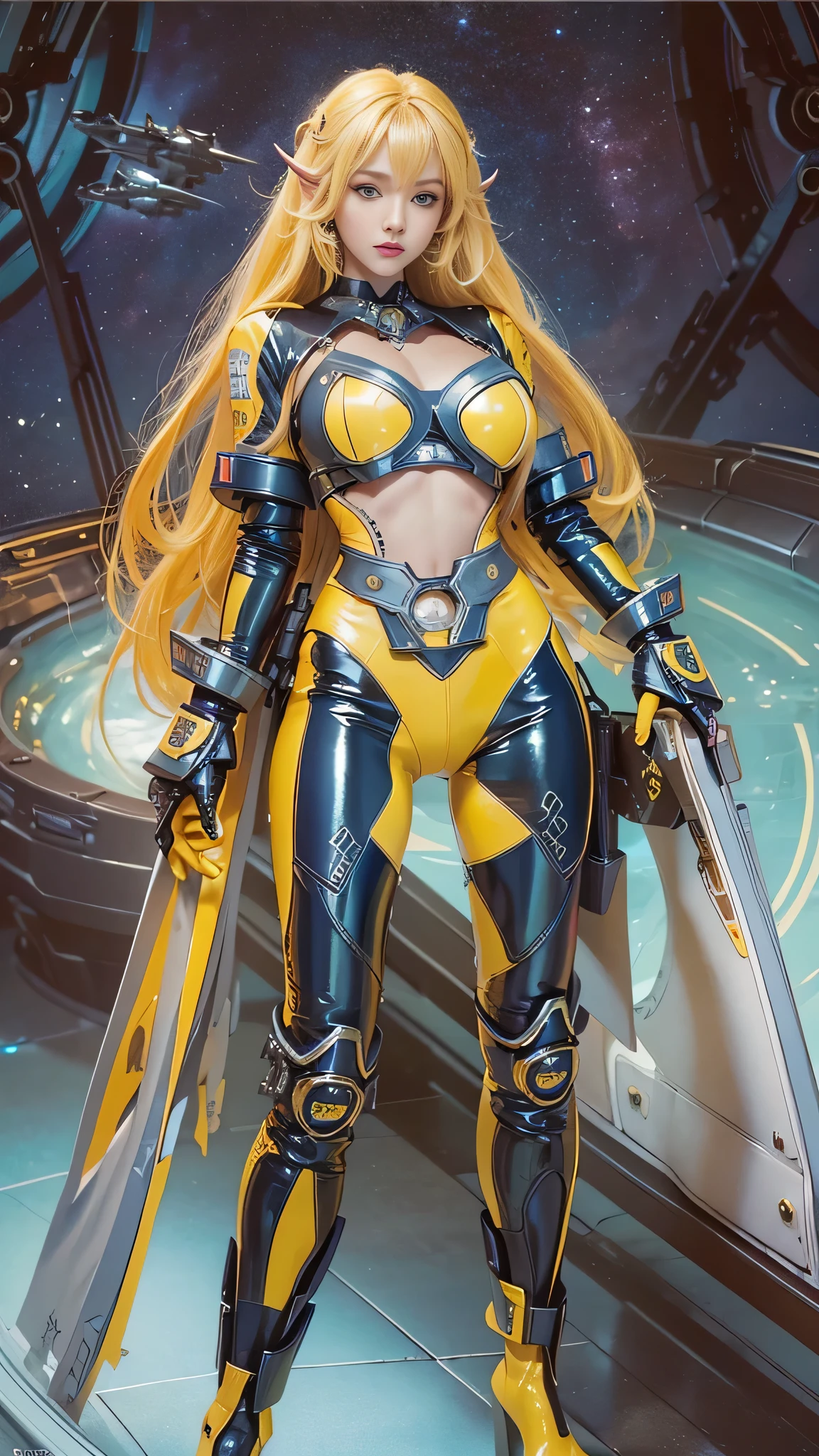 ((masterpiece:1.4)、(highest quality:1.4)、(Realistic:1.7))、Masterpiece:1.4、(Top-notch rendering:1.4)、(Yuki, the beautiful navigator of Space Battleship Hikari:1.4)、Super Beauty Navigator Yuki、(By Luis Royo:1.4)、(A uniform that accentuates your beautiful figure:1.2)、(Futuristic sci-fi battle fashion:1.2)、(street style wear)、(Tight Fit Pants)、(Shiny luxury latex:1.4)、(Luxury yellow latex:1.4)、19 years old、(Cute Tattoos:1.4)、(wearing yellow gloves)、Cute Girl、Super Beauty、(Seductive pose)、Sharp Focus、Portrait Photography:1.4、8k、realistic photo images:1.4、(Perfect female body:1.4)、Perfect proportions、(Standing:1.4)、(Upper body shot:1.4)、Beautiful Face、Fearless look、Beautiful Eyes、(A girl with a beautiful body that emphasizes her slender abdominal muscles)、Narrow waist:1.4、(9-body proportions beautiful girl:1.4)、(A beautiful girl with long legs and a good figure:1.4)、Beautiful feet、(Long Hair:1.2)、Heavy makeup、Eyeshadow、Glow Eye、glow lip、Beautiful breasts、big breasts:1.2、sexy ass、(Standing facing forward:1.4)、Raw photo、Red lips、yellow high heels:1.4、choker:1.4、necklace:1.4、Earrings:1.4、1 Screen Display:1.4、Space Battleship Hikari's bridge:1.2
